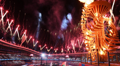 A picture shows fireworks display as the torch lighting the cauldron during the opening ceremony of the 2019 European Games at the Dinamo Stadium in Minsk, late on June 21, 2019. - The second European Games will run from June 21 to 30, 2019. (Photo by Kirill KUDRYAVTSEV / AFP)