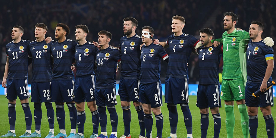 GLASGOW, SCOTLAND - MARCH 24: Scotland's players line up for the anthems during an International Friendly between Scotland and Poland at Hampden Park, on March 24, 2022, in Glasgow, Scotland. (Photo by Craig Foy / SNS Group)