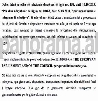 Faksimile e relacionit të ligjit për mbetjet i miratuar në 2016, ku thuhet se në 2013 nuk është ndaluar, por vetëm pezulluar importi