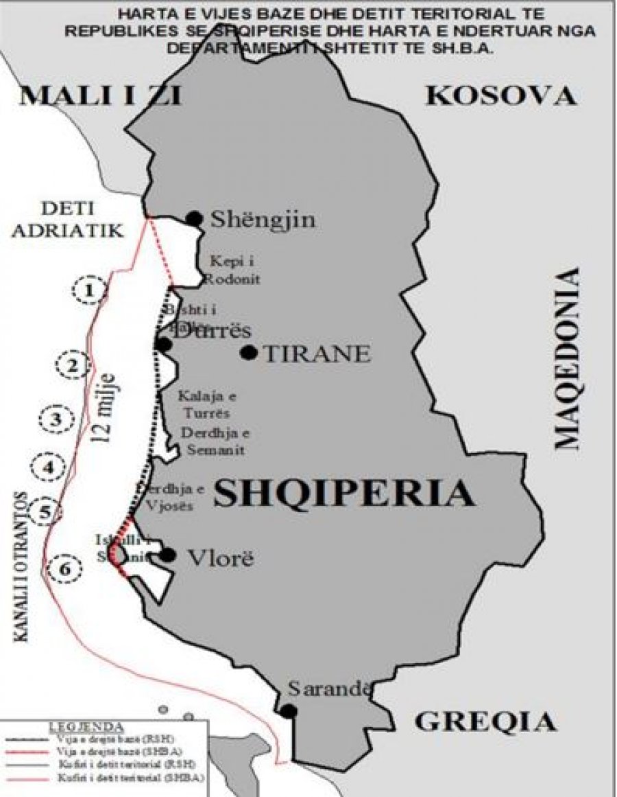 Ilustrim 4: Hartë e Detit Territorial të Republikës së Shqipërisë [shkalla nuk jepet]. Burimi: A. Meçollari, UNCLOS 1982 dhe vija bazë e RSH, QKSM, Tiranë, 2014, f. 27. 