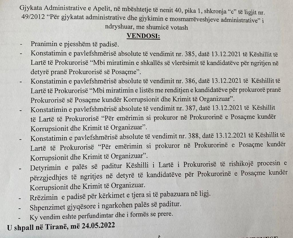 Vendimi i Gjykatës Administrative të Apelit