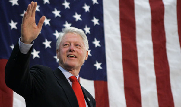 Former President Bill Clinton waves as takes the stage to campaign for his wife, Democratic presidential hopeful, Sen. Hillary Rodham Clinton, D-N.Y., at Penn State Altoona in Altoona, Pa., Thursday, April 3, 2008. (AP Photo/Carolyn Kaster)