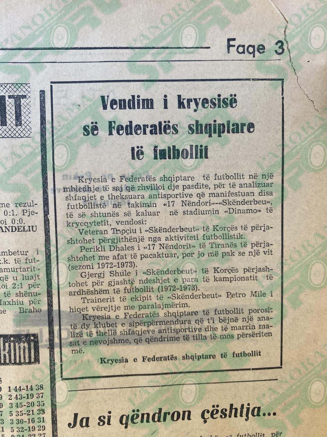 Komunikata e Kryesisë së FSHF-së në gazetën “Sporti Popullor” për ngjarjet në ndeshjen 17 Nëntori-Skënderbeu më 21 maj të vitit 1972