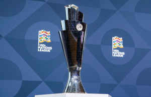 NYON, SWITZERLAND - DECEMBER 16: A view of the UEFA Nations League trophy during the UEFA Nations League 2022/23 League Phase Draw at the UEFA headquarters, The House of European Football, on December 16, 2021, in Nyon, Switzerland. (Photo by Richard Juilliart - UEFA/UEFA via Getty Images)