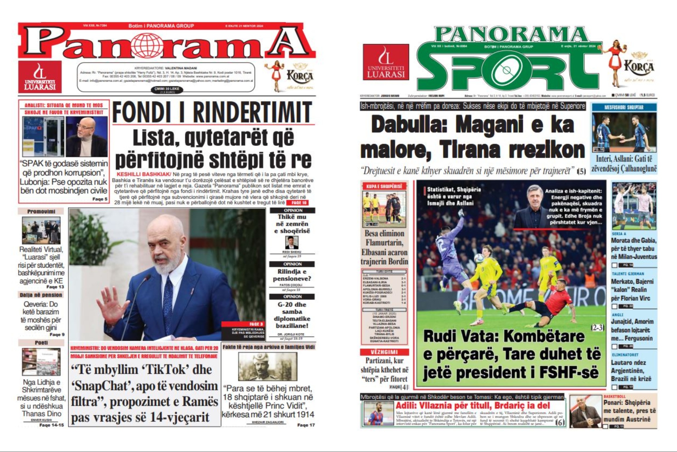 Lexoni faqen e parë të gazetës  Panorama  dhe  Panorama Sport 