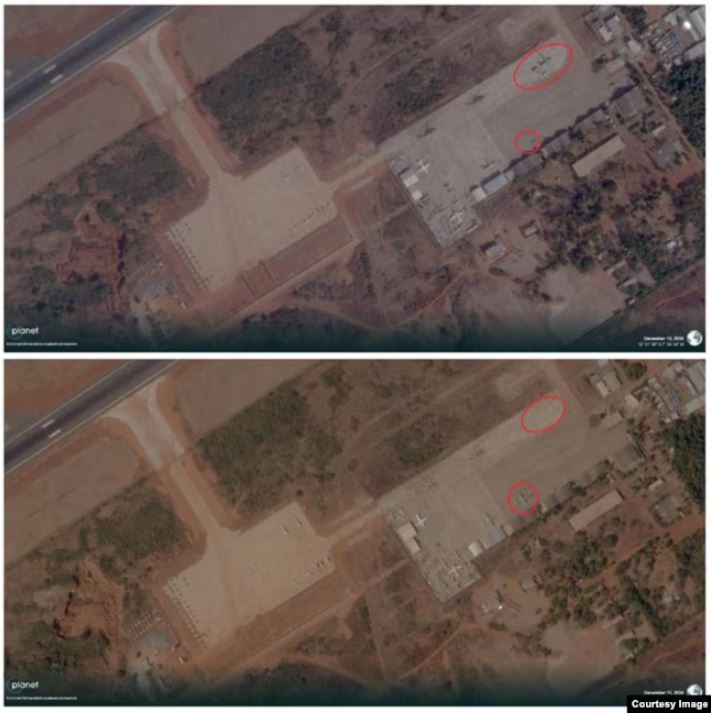 Pamja e 13 dhjetorit [fotografia lart] dhe ajo e 11 dhjetorit e aeroportit Bamako në Mali, ku gjendet një bazë ruse. Në pamje shihet shkarkimi i pajisjeve prej aeroplanit. Burimi: Planet Labs.