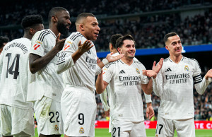 MADRID, SPAIN - DECEMBER 22: Brahim Diaz of Real Madrid celebrates after scoring his team's fourth goal during the LaLiga EA Sports match between Real Madrid CF and Sevilla FC at Estadio Santiago Bernabeu on December 22, 2024 in Madrid, Spain. (Photo by Mateo Villalba/Getty Images)