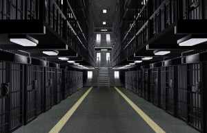 Dutch angle view looking up at the empty cells in a multi-tiered prison